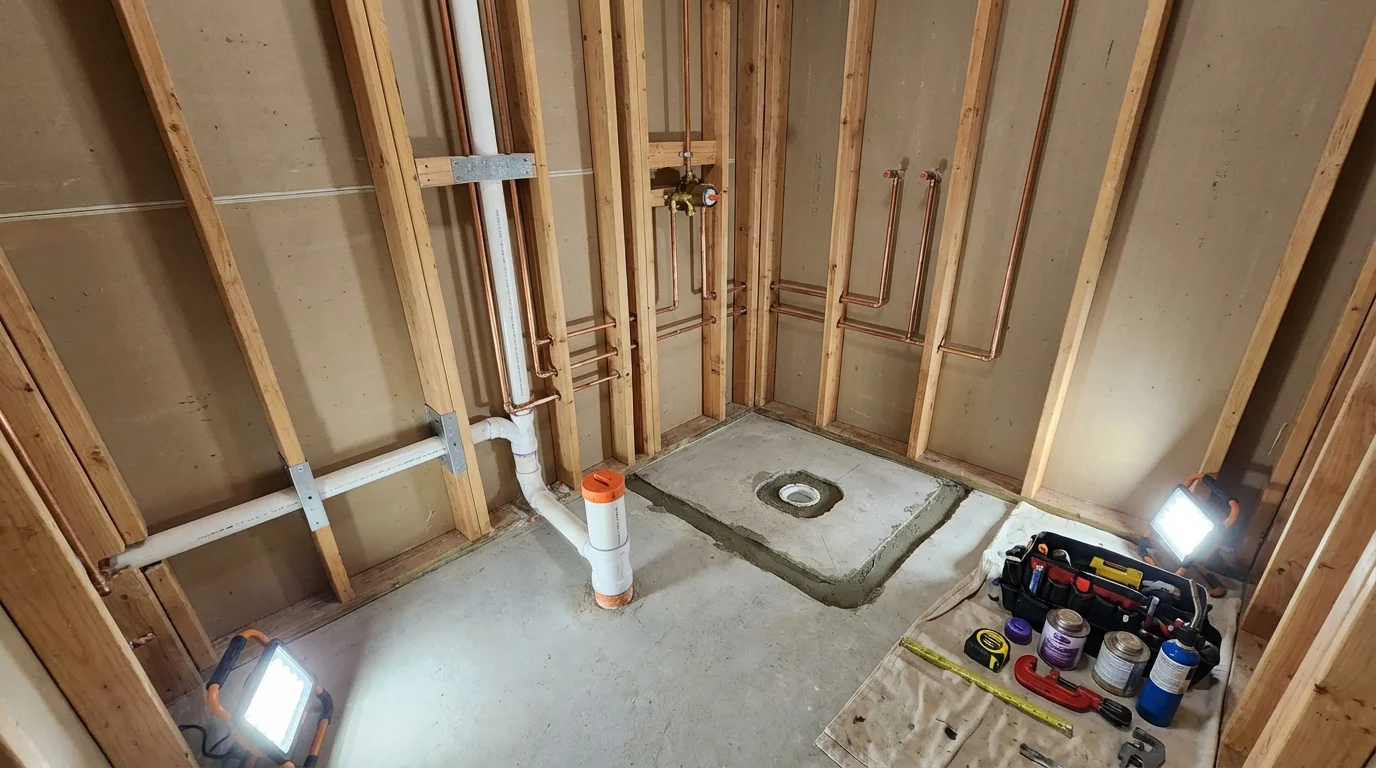 Bathroom rough-in plumbing during remodel by Johns Plumbing LLC in Newport Beach