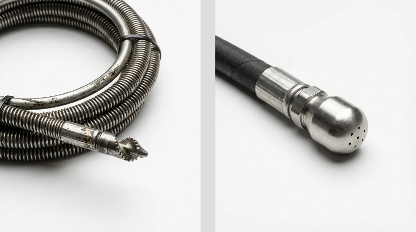 Drain snake cable and hydro jetting nozzle used for drain cleaning in Newport Beach, CA