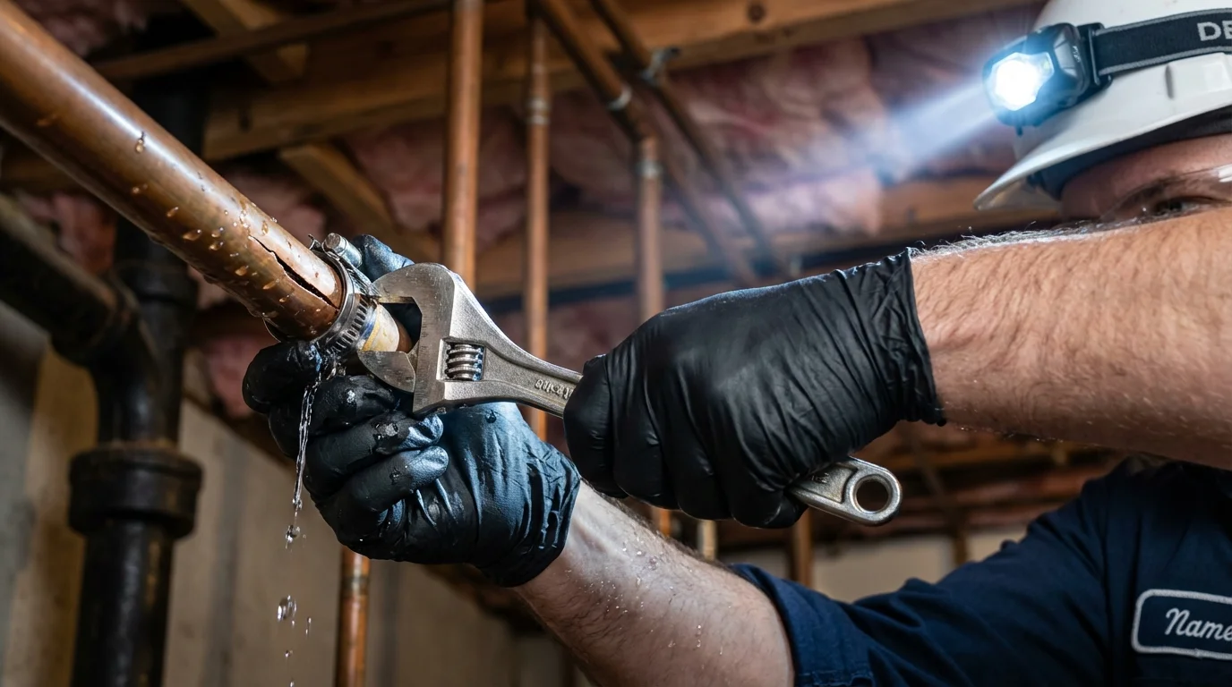 Emergency pipe clamp repair being performed by a Johns Plumbing LLC plumber in Newport Beach