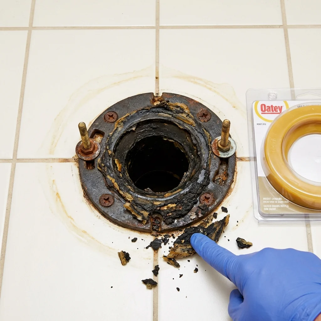 Failed wax ring showing water seepage at the base of a toilet in a Newport Beach, CA home