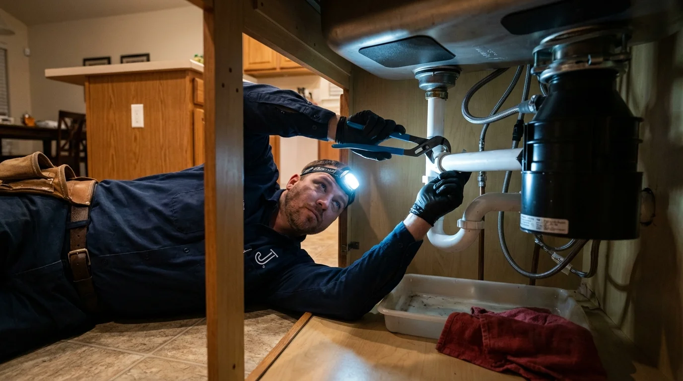 P-trap and supply line connections under a kitchen sink showing a common leak point in Newport Beach, CA